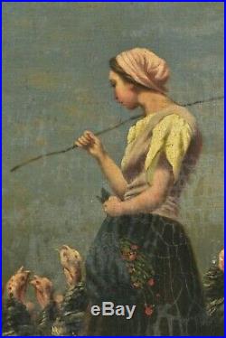 1842 Oil on Canvas of Young Girl Tending Rafter of Turkeys Signed Jacques Salmon