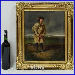1865 Old painting of a traveling boy with a hat 21.2 x 18.1 in