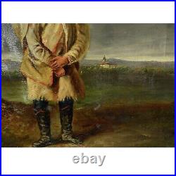 1865 Old painting of a traveling boy with a hat 21.2 x 18.1 in