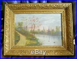 1870s 80s Original Oil on Canvas Landscape Painting With BEAUTIFUL Ornate Frame