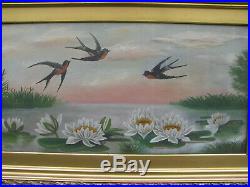 1890s BARN SWALLOWS WATER LILIES Oil Painting after VICTORIAN YARD-LONG antique
