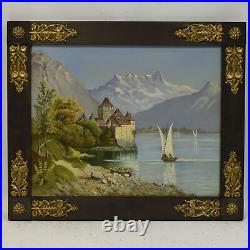 1895 Old oil painting mountain landscape with castle 24 x 20,5 in