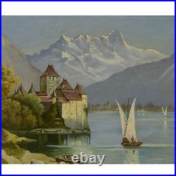 1895 Old oil painting mountain landscape with castle 24 x 20,5 in