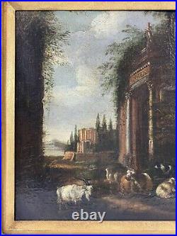 18th Century Italian Old Master Ruins Landscape Painting with Animals Oil / Canvas