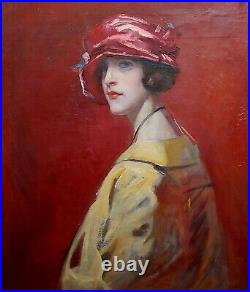1910s Study Portrait Woman withRed Hat-Oil painting possibly William Merritt Chase