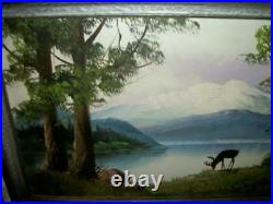 1920s OIL PAINTING LANDSCAPE ELK SNOW CAPPED MOUNTAIN STREAM SILVER WOOD FRAME