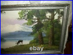 1920s OIL PAINTING LANDSCAPE ELK SNOW CAPPED MOUNTAIN STREAM SILVER WOOD FRAME