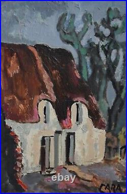 1950s Vintage Oil Painting Cottage Landscape French Artwork Signed Stéphane Cara