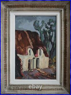 1950s Vintage Oil Painting Cottage Landscape French Artwork Signed Stéphane Cara