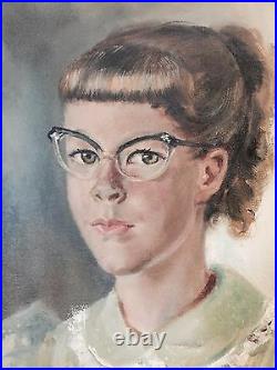 1955 Orig MARGARET KEANE / ULBRICH Oil Canvas Painting Girl Big Cat Eye Glasses