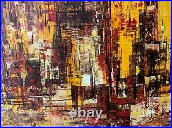 1970 New York 50 Mid Century Modern Abstract Cityscape Oil on Canvas Painting