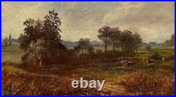 19th Century Antique Plein Air Rural Landscape With Cows Oil Painting