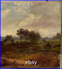 19th Century Antique Plein Air Rural Landscape With Cows Oil Painting