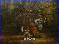 19th Century Original Antique Landscape Oil Painting Canvas, Blackberry Picking