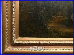 19th Century Original Antique Landscape Oil Painting Canvas, Blackberry Picking
