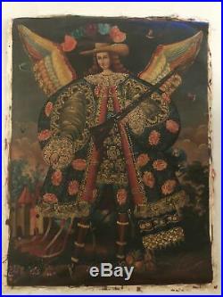 19th Century Spanish American Archangel Uriel Oil Painting Cusco Antique Icon