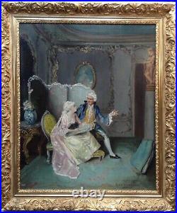19th Century THEODORE LEVIGNE Antique Oil Painting French Gallant Scene signed