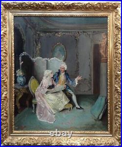 19th Century THEODORE LEVIGNE Antique Oil Painting French Gallant Scene signed