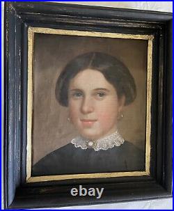 19th c. Antique American Oil Portrait of a Young Lady Lace Collar & Brooch