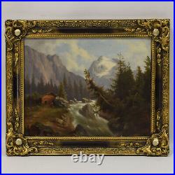 19th cent Old oil painting landscape with stream and mountains 19,3 x 16,1 in