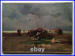 19thC French Impressionism antique oil painting Women Beach Eugene BOUDIN