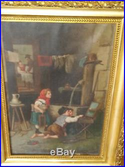 19thc Antique Dutch Flemish Interior Genre Oil Painting child children painting