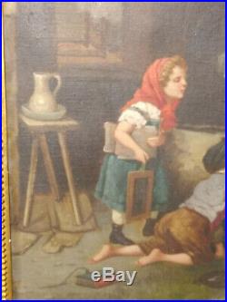 19thc Antique Dutch Flemish Interior Genre Oil Painting child children painting