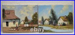 2 Oil Painting On Canvas Signed Alexovics Kuroly 1980 Old Country Village 10/8