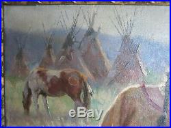 20x16 org 1925 oil painting on canvas signed JH Sharp of Indian Village on River