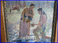 20x16 org 1925 oil painting on canvas signed JH Sharp of Indian Village on River