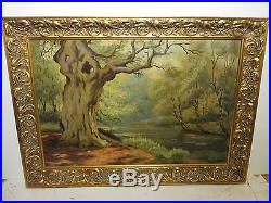 20x30 original 1935 oil painting by Olin Travis Autumn Creek with Lily Pads