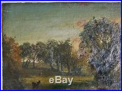 25x17 Antique Oil Painting On Canvas Laid To Board Cow Landscape Figures