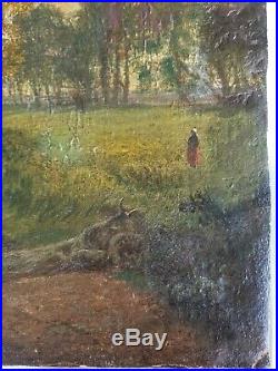 25x17 Antique Oil Painting On Canvas Laid To Board Cow Landscape Figures