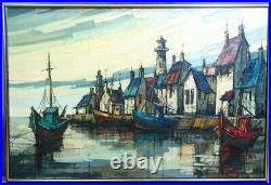 36 Mid-Century Modern Signed GERARD Marine Boats Harbor Oil Painting on Canvas
