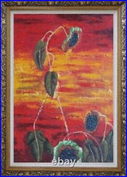 42x30 Framed Oil Painting Green Leaves in Red and Yellow Background Flower