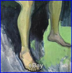 50s Vintage Mid Century Expressionist Oil Painting Nude Male Portrait Blue Green