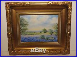 9x12 original oil painting on board by L. Bretz of Texas Cactus Bluebonnets