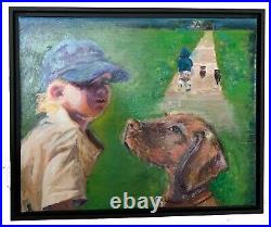 A Boy and His Dog, 22x18, Original Oil Painting, Framed, Floating Frame