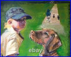 A Boy and His Dog, 22x18, Original Oil Painting, Framed, Floating Framed