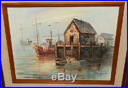 A. Simpson Fishing Boats Harbor Scene Original Oil On Canvas Seascape Painting