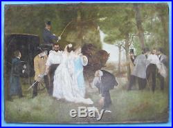 ANTIQUE 1891 Continental Oil on Canvas Painting of a Duel Signed MAGNIFICENT