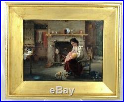 ANTIQUE 19th CENTURY OIL ON CANVAS / BOARD PAINTING OF A MOTHER AND CHILD