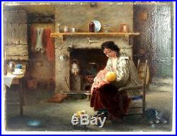 ANTIQUE 19th CENTURY OIL ON CANVAS / BOARD PAINTING OF A MOTHER AND CHILD