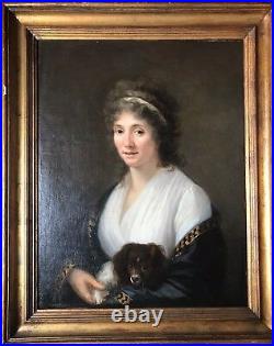 ANTIQUE EARLY AMERICAN OIL PORTRAIT LADY w DOG KING CHARLES CAVALIER CHRISTIES