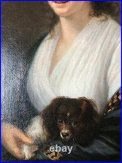 ANTIQUE EARLY AMERICAN OIL PORTRAIT LADY w DOG KING CHARLES CAVALIER CHRISTIES