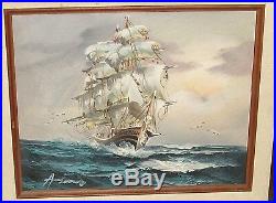 Ambrose Oil On Canvas Sailing Ship At Sea Painting