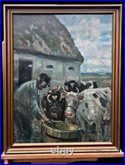 Anders Hune (1894-1968) a farmer with cows, oil on canvas painting, Denmark