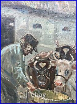 Anders Hune (1894-1968) a farmer with cows, oil on canvas painting, Denmark