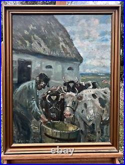 Anders Hune (1894-1968) a farmer with cows, oil on canvas painting, Denmark