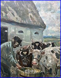 Anders Hune (1894-1968) a farmer with cows, oil on canvas painting, Denmark